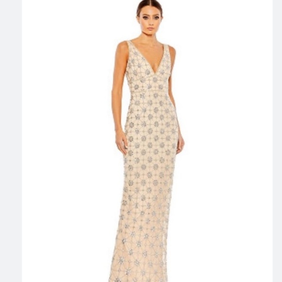 Mac Duggal Sleeveless Hand Beaded V-neck Gown Floral Jewel Maxi Dress - Picture 12 of 12